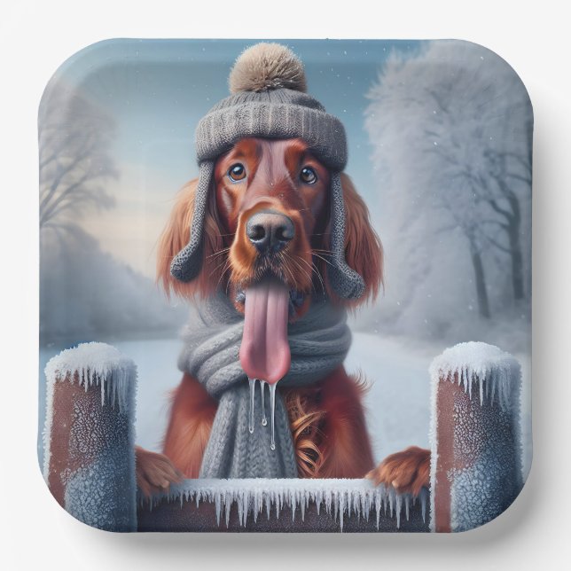 Plato De Papel Winter Irish Setter Dog (Anverso)