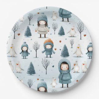 Plato De Papel Winter Kids Playing