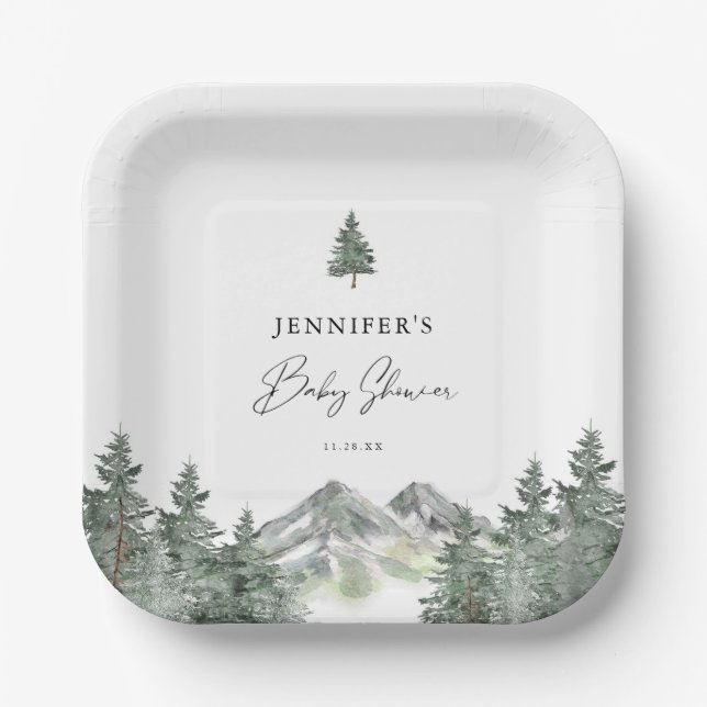 Plato De Papel Winter Mountain Forest Baby Shower (Anverso)