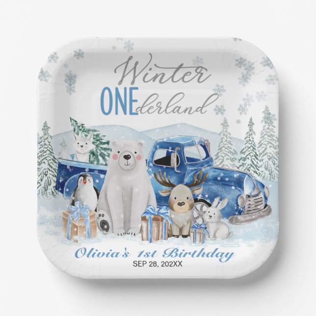 Plato De Papel Winter Onederland Arctic Animal Boy 1st Birthday (Anverso)