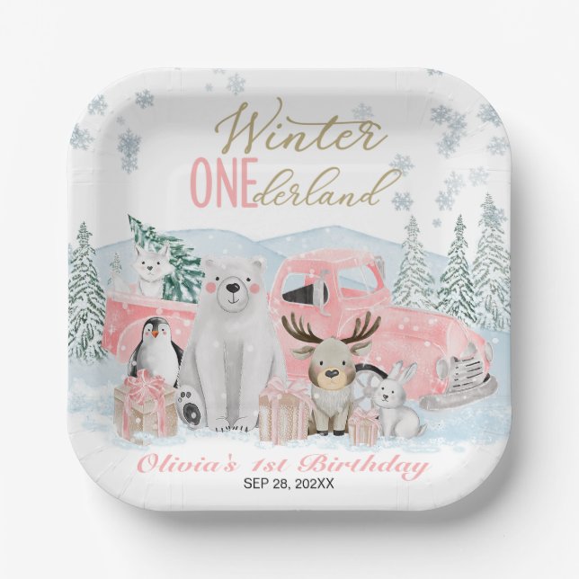 Plato De Papel Winter Onederland Arctic Animal Girl 1st Birthday (Anverso)
