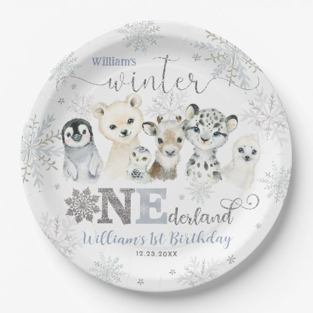 Plato De Papel Winter Onederland Arctic Animals Snow 1st Birthday (Anverso)