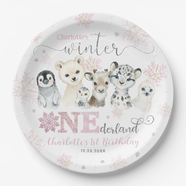 Plato De Papel Winter Onederland Arctic Animals Snow 1st Birthday (Anverso)