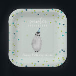 Plato De Papel Winter Onederland Blue Birthday Penguin Confetti<br><div class="desc">Invierno Onederland tema de la fiesta de primer cumpleaños con pingüino en gorra fiesta azul sobre fondo azul claro con moqueta de nieve y confeti.</div>