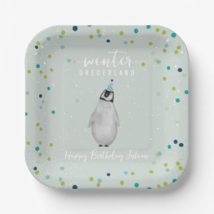 Plato De Papel Winter Onederland Blue Birthday Penguin Confetti