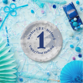 Plato De Papel Winter ONEderland Blue First Birthday Snowflakes