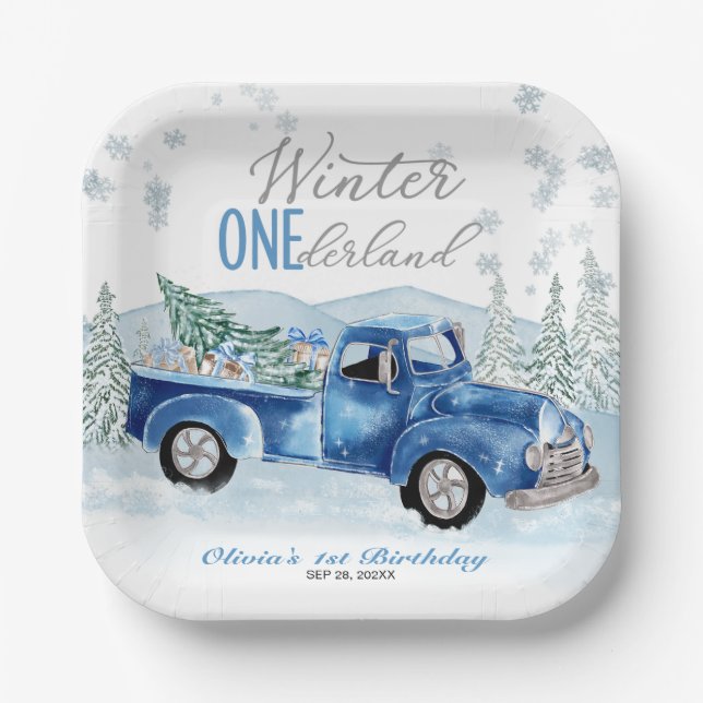 Plato De Papel Winter Onederland Blue Truck First Birthday (Anverso)