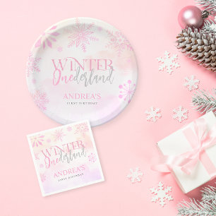 Plato De Papel Winter ONEderland Chica de copos de nieve 1er cump