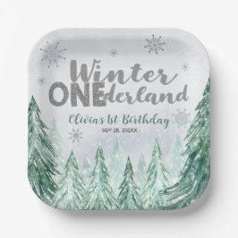 Plato De Papel Winter Onederland First Birthday Snowflakes Forest