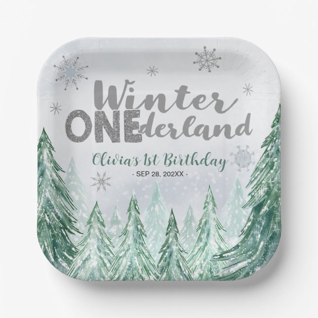 Plato De Papel Winter Onederland First Birthday Snowflakes Forest (Anverso)
