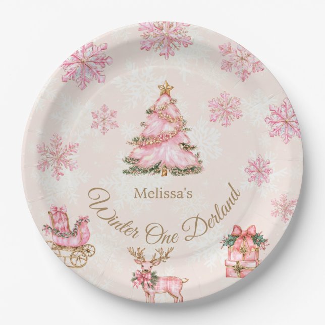 Plato De Papel Winter Onederland Girl 1st Birthday Pink Snowflake (Anverso)