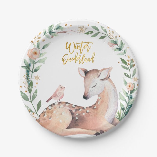 Plato De Papel Winter ONEderland Gold Greenery Deer Woodland (Anverso)