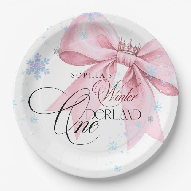 Plato De Papel Winter ONEderland Pink Bow 1st Birthday Party (Anverso)