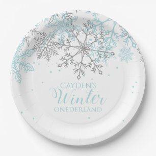 Plato De Papel Winter Onederland primer cumpleaños azul y plata P