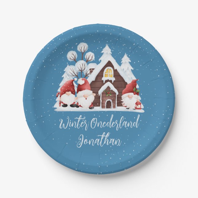Plato De Papel Winter Onederland Primer cumpleaños de los gnomos  (Anverso)