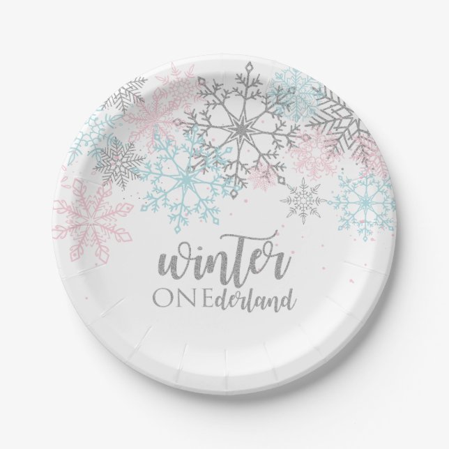 Plato De Papel Winter Onederland purpurina de plata azul rosa (Anverso)