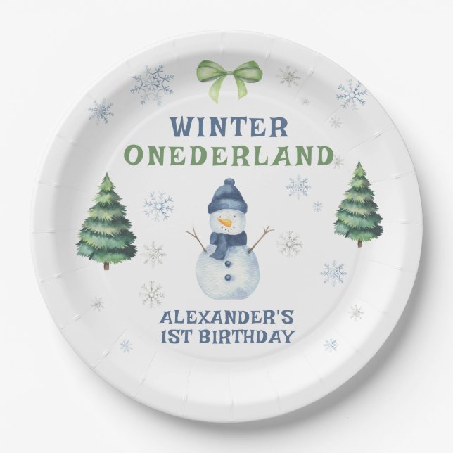 Plato De Papel Winter Onederland Snowman 1er cumpleaños (Anverso)