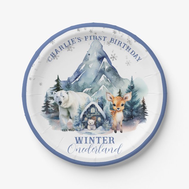 Plato De Papel Winter Onederland Whimsical Woodland 1er cumpleaño (Anverso)