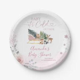 Plato De Papel Winter Pastel Pink Snowflake Sleigh Baby Shower