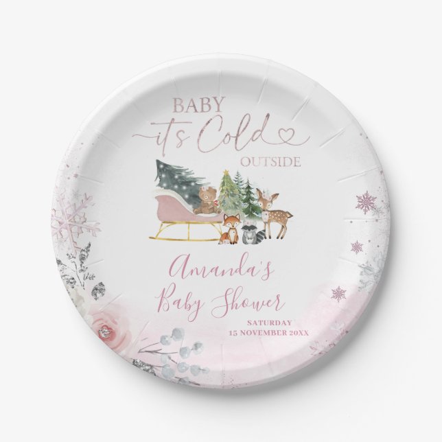 Plato De Papel Winter Pastel Pink Snowflake Sleigh Baby Shower (Anverso)