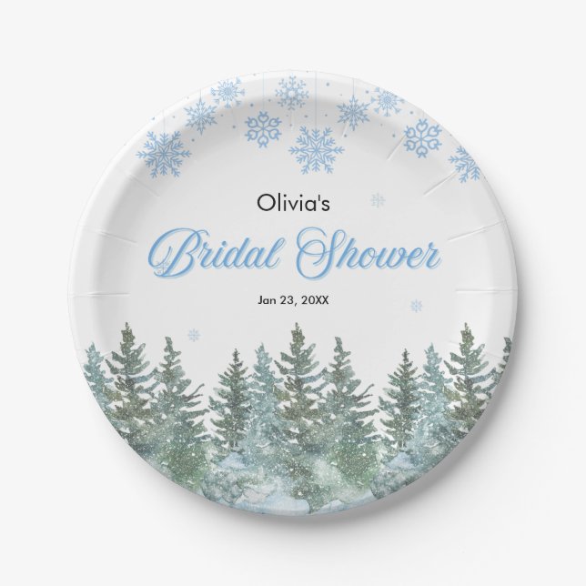 Plato De Papel Winter Pine Trees Snowflakes Bridal Shower (Anverso)