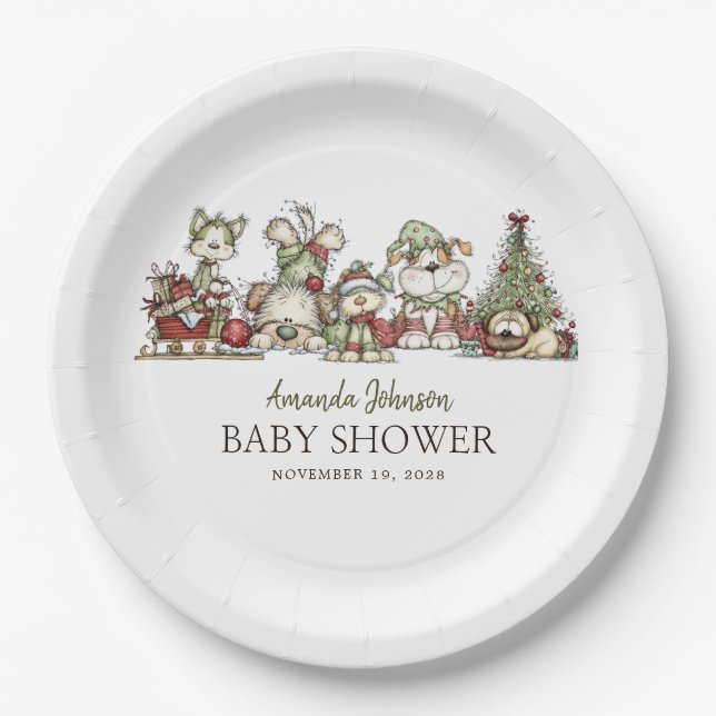 Plato De Papel Winter Puppy Christmas Holidays Baby Shower (Anverso)