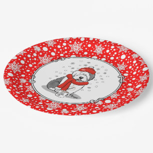 Plato De Papel Winter (rojo) Viejo perro pastor inglés gris 1 fer