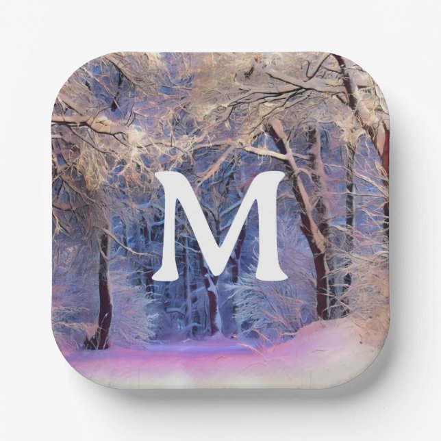 Plato De Papel Winter scenery with snowed trees watercolor  (Anverso)