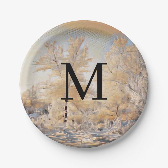 Plato De Papel Winter scenery with snowed trees watercolor  (Anverso)