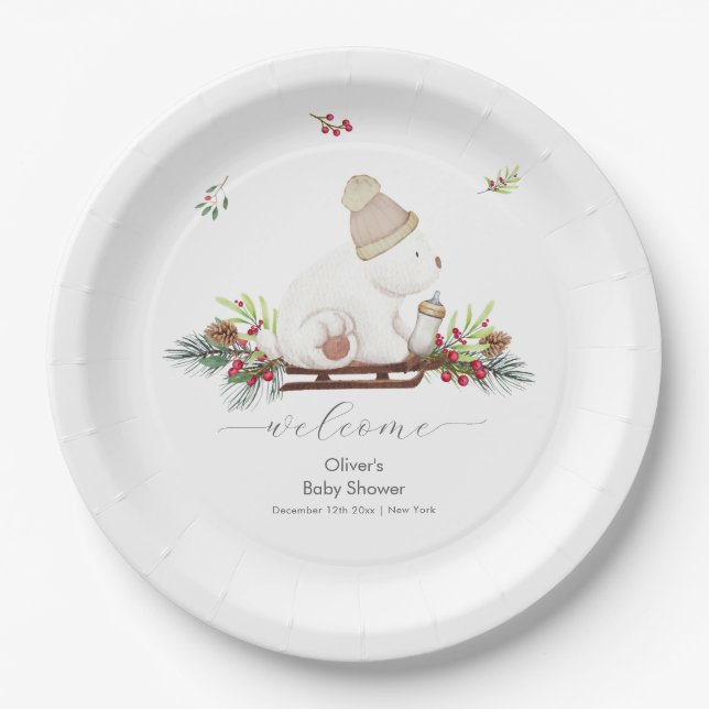 Plato De Papel Winter Sleigh Polar Bear Baby Shower Welcome  (Anverso)
