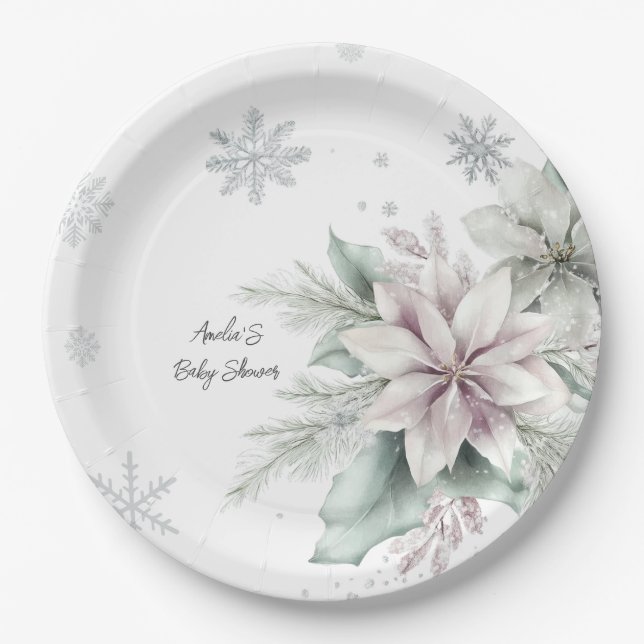 Plato De Papel Winter Snow Floral Baby Shower (Anverso)