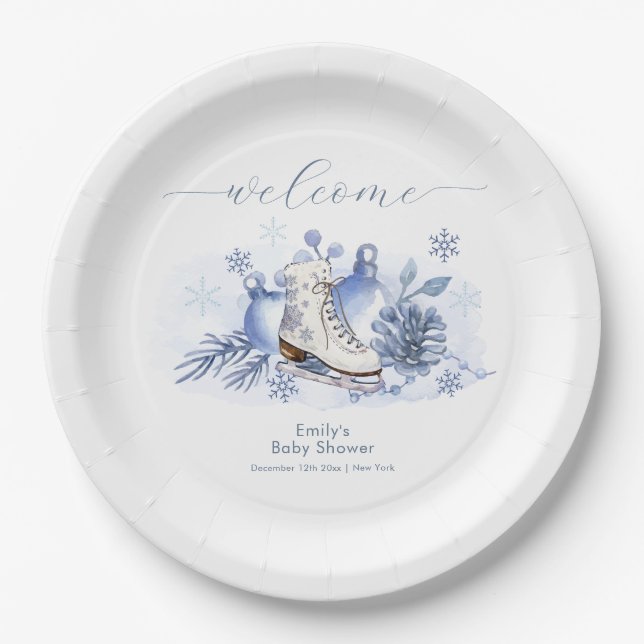 Plato De Papel Winter Snowflake Ice Skate Baby Shower Welcome (Anverso)
