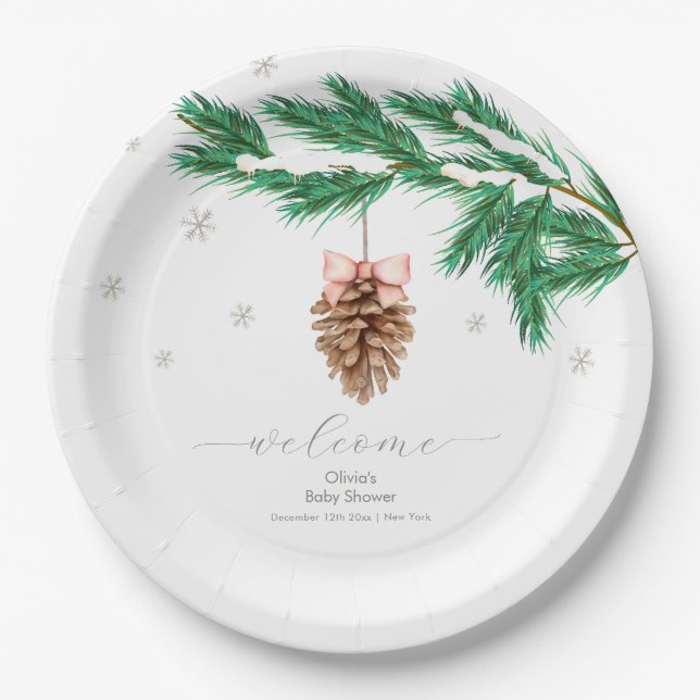 Plato De Papel Winter Snowflake Pine cone Baby Shower Welcome (Anverso)