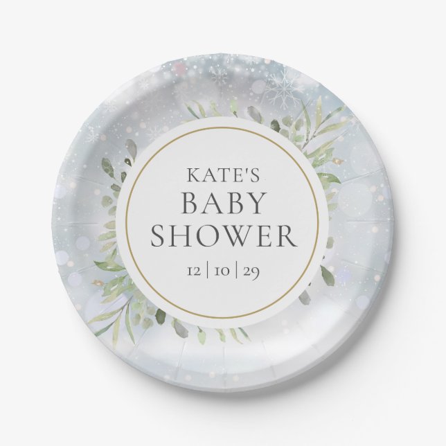Plato De Papel Winter Snowflakes Greenery Baby Shower (Anverso)