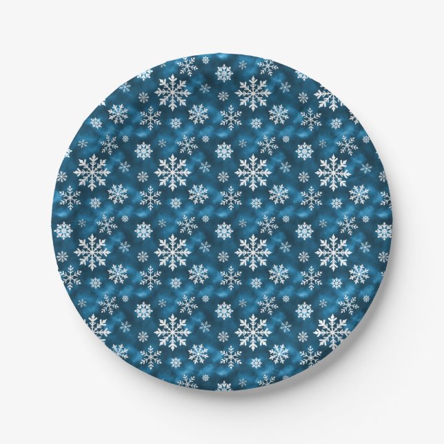 Plato De Papel Winter Snowflakes Pattern On Cool Blue Background (Anverso)