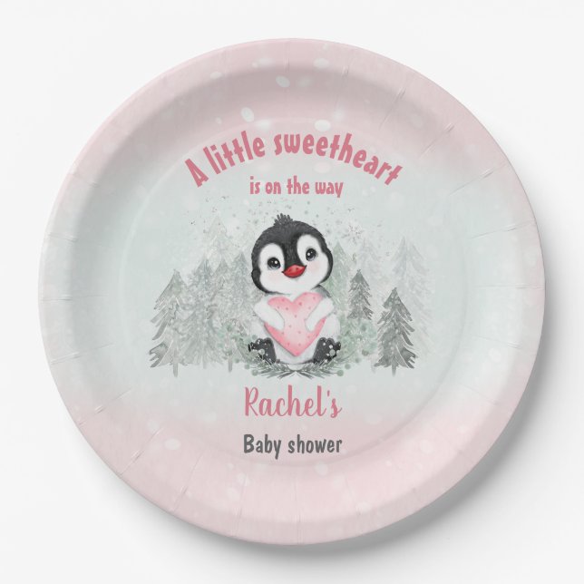 Plato De Papel Winter Valentines Penguin Chica Baby Shower (Anverso)
