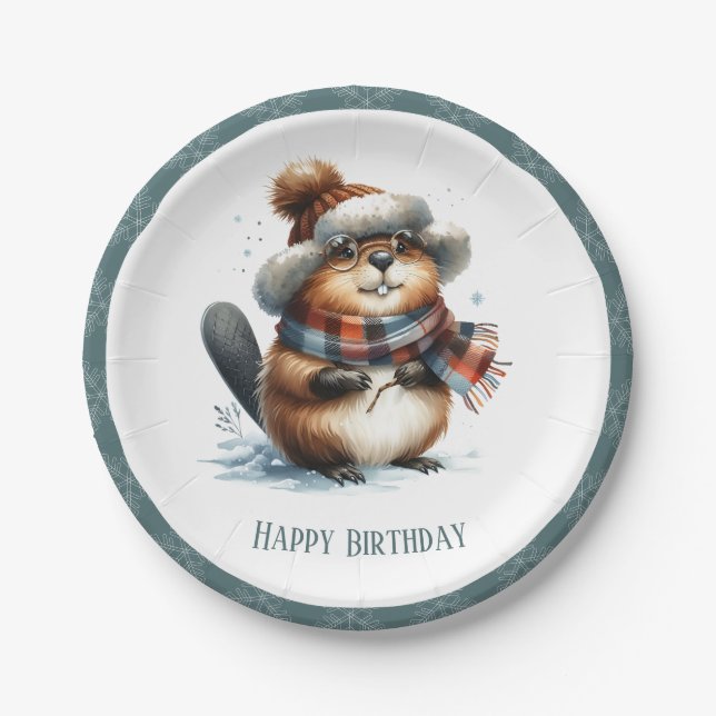 Plato De Papel Winter Vibes Beaver - Cumpleaños (Anverso)