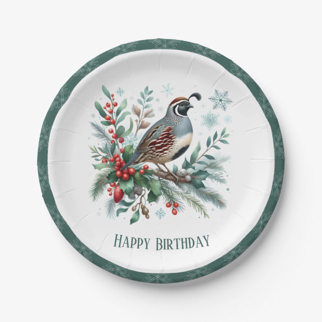Plato De Papel Winter Vibes California Quail - Cumpleaños (Anverso)