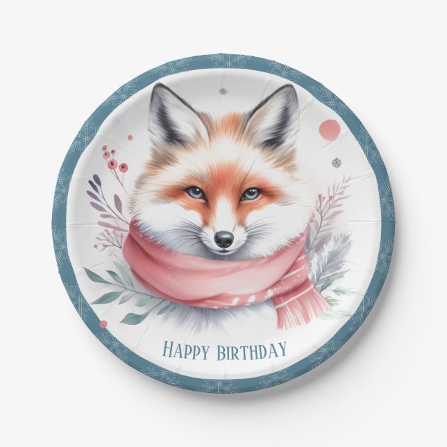 Plato De Papel Winter Vibes Fox con un cumpleaños aterrador (Anverso)