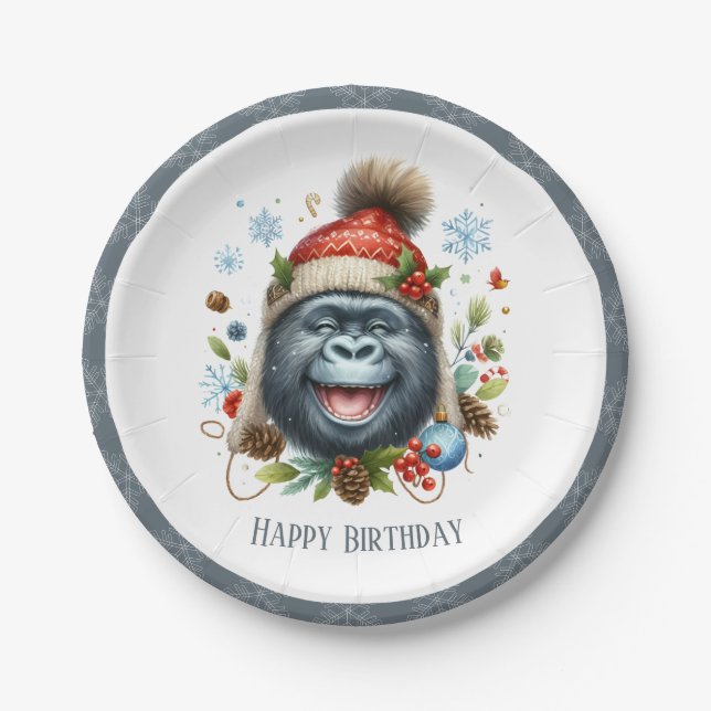 Plato De Papel Winter Vibes Gorilla - Cumpleaños (Anverso)