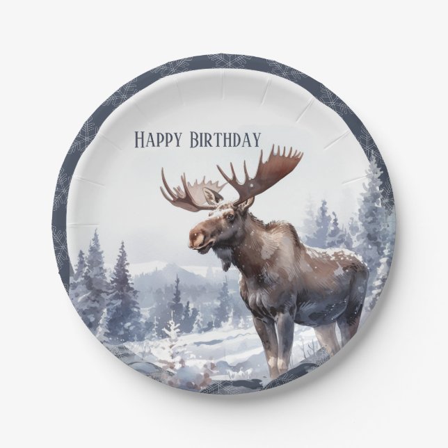 Plato De Papel Winter Vibes Moose - Cumpleaños (Anverso)