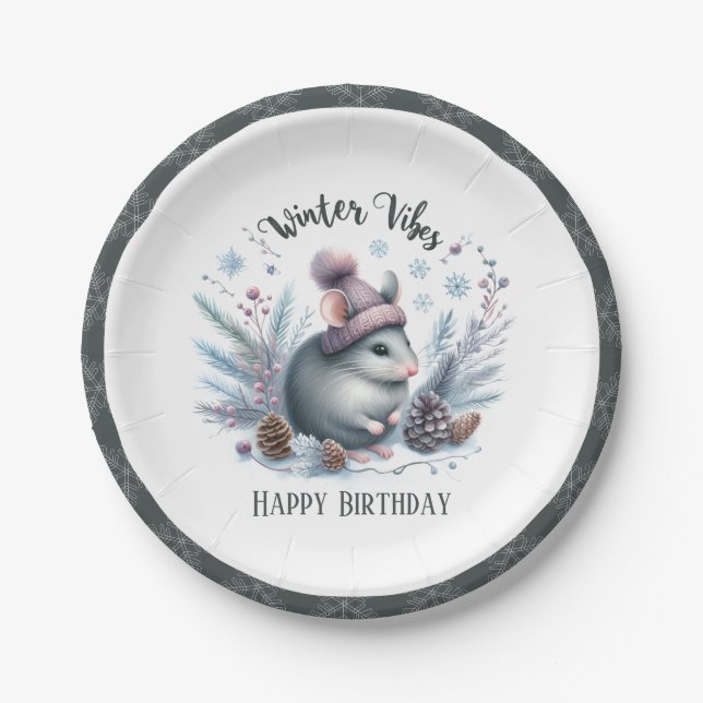 Plato De Papel Winter Vibes Mouse - Cumpleaños (Anverso)