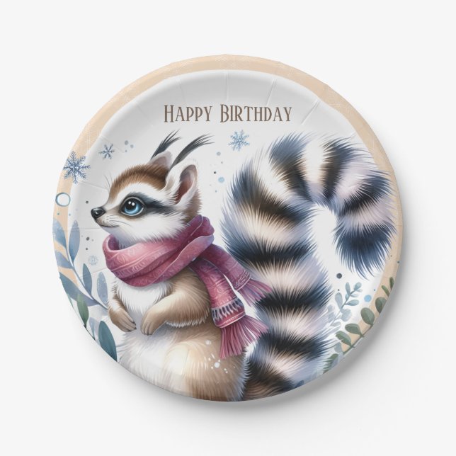 Plato De Papel Winter Vibes Ringtail - Cumpleaños (Anverso)