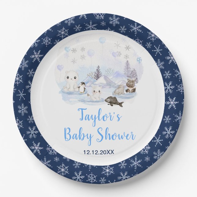 Plato De Papel Winter Wonderland Arctic Animals Baby Shower (Anverso)