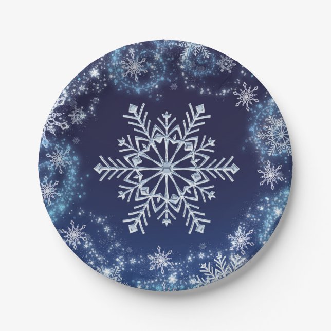 Plato De Papel Winter Wonderland Blue & White Sparkle Snowflakes (Anverso)