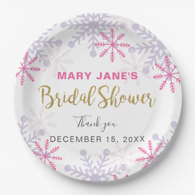 Plato De Papel Winter Wonderland Bridal Shower Snowflake Rosa (Anverso)