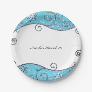 Plato De Papel Winter Wonderland Bright Blue & Silver Swirls