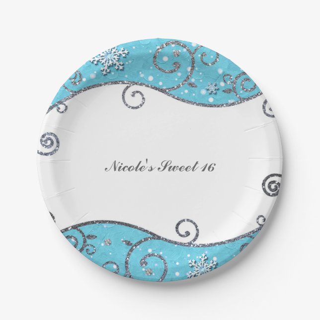 Plato De Papel Winter Wonderland Bright Blue & Silver Swirls (Anverso)