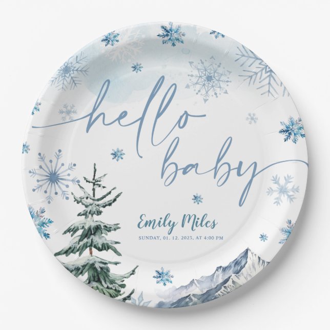 Plato De Papel Winter Wonderland Hello Baby Paper Plates (Anverso)