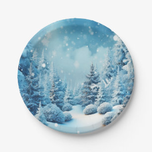 Plato De Papel Winter Wonderland Pine Trees Copos de Nieve